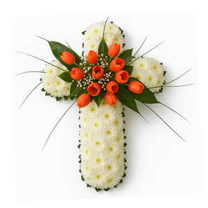 Cruz de Margaridas Brancas e Tulipas